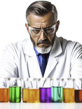 Scientist in Lab Coat Analyzing Colorful Chemicals in Glass Test Tubes on a White Background photo