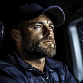 Intense Portrait of a Thoughtful Man with Beard and Hat in a Vehicle with Soft Lighting photo