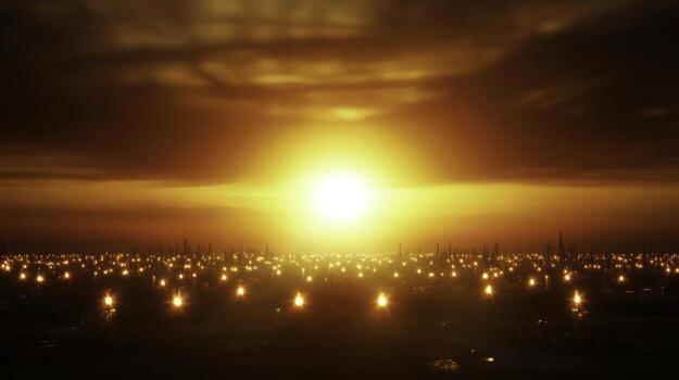 Golden Sunset Over Cityscape with Distant Lights and Soft Clouds in a Vibrant Sky photo
