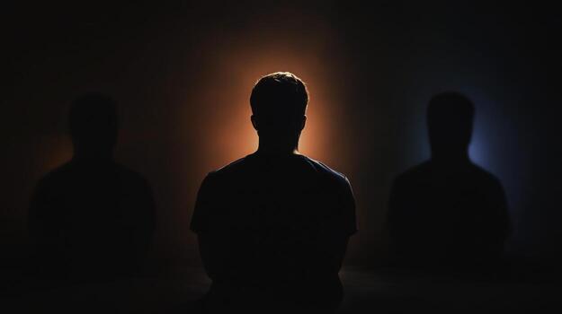 Person Silhouetted Against Colorful Background with Three Shadowed Figures in Dark Setting photo