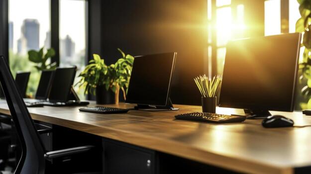 Modern Office Workspace with Sunlight Streaming through Windows and Lush Green Plants photo