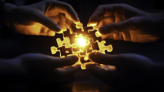 Hands Assembling Puzzle Pieces Illuminated by Warm Glow in a Collaborative Environment photo