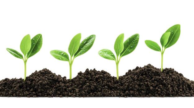 Fresh Green Seedlings Growing from Dark Rich Soil in a Row Under Bright White Background photo