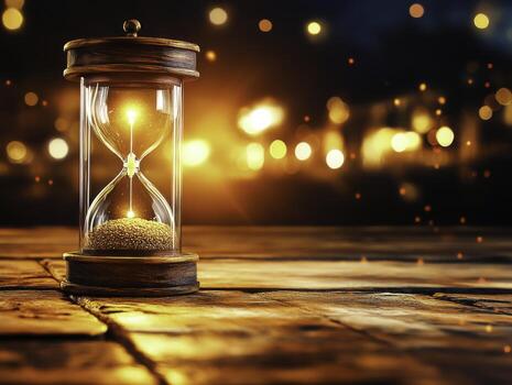 Elegant Hourglass Glowing with Light on Wooden Surface Surrounded by Bokeh Effect photo