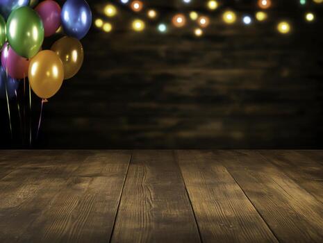 Colorful Balloons and String Lights on Wooden Table for Celebrations and Events photo