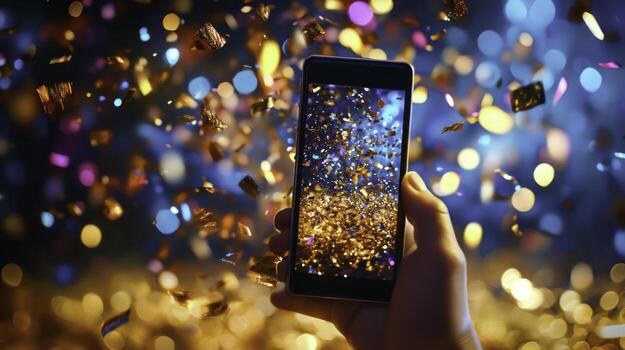 Vibrant Celebration with Confetti and Smartphone Displaying Colorful Lights photo