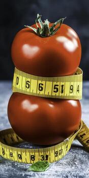 Fresh Red Tomatoes Wrapped in Yellow Measuring Tape on Rustic Surface photo