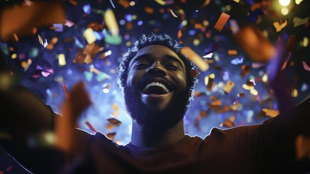 Joyful celebration with confetti falling around a smiling man in a vibrant atmosphere photo