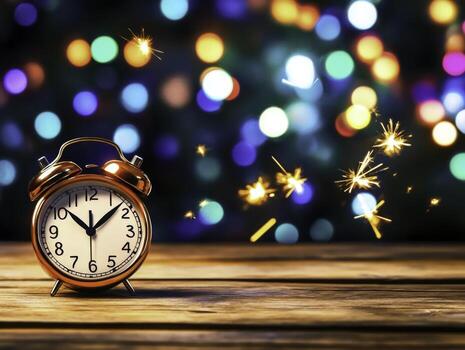 Classic Alarm Clock on a Rustic Table with Colorful Bokeh Background at Night photo