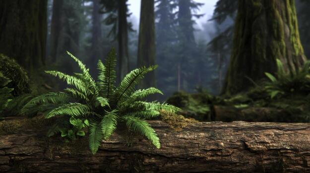 lozano helechos en caído Iniciar sesión rodeado por majestuoso bosque arboles en suave ligero foto