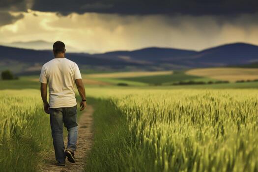 Man Walking Alone on a Path Through a Field Under Dramatic Cloudy Sky photo