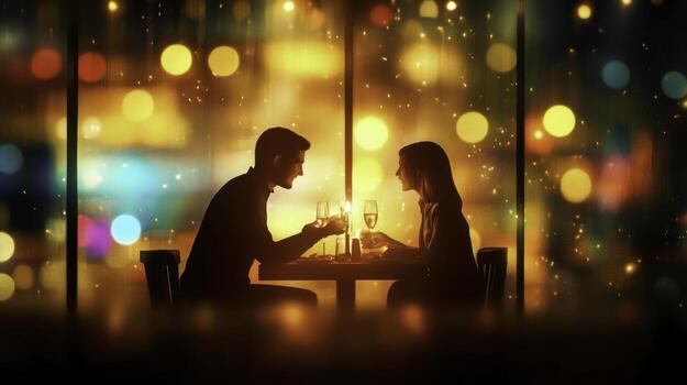 Romantic Dinner for Two with Candlelight and City Lights in the Background photo