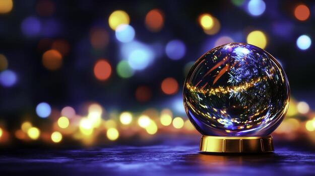 Colorful Glass Snow Globe with Bokeh Background and Twinkling Lights photo