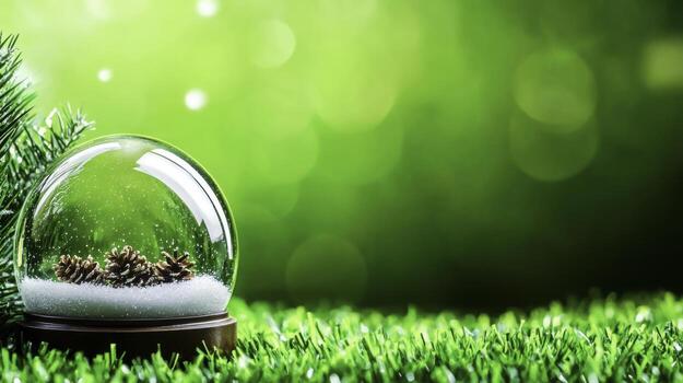 Beautiful Snow Globe with Pinecones on a Green Blurred Background photo