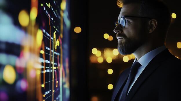 Professional Man Analyzing Data Visualizations on a Digital Screen at Night photo