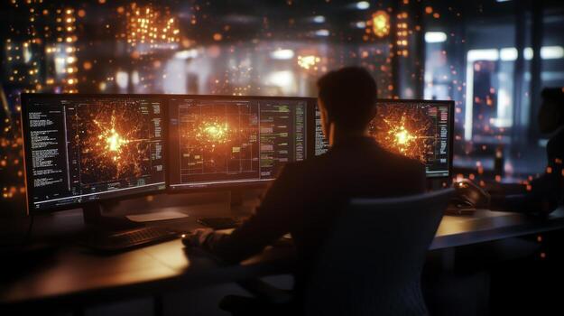 Data Analyst Working with Multiple Monitors in High-Tech Office Environment photo