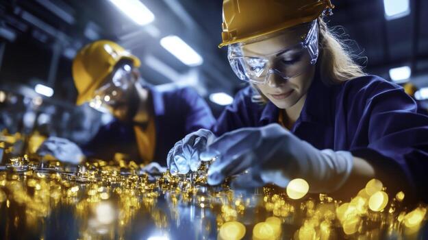 Skilled Technicians Working on Electronic Components in Bright Factory Environment photo