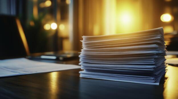 Stacked Paper Documents on a Desk with Glowing Sunset in a Modern Office Setting photo