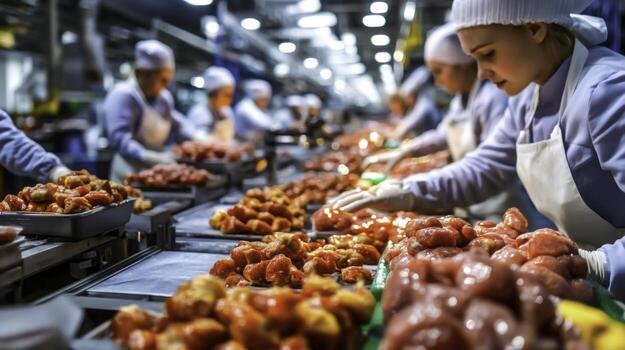 Food Processing Facility with Workers Handling Fresh Meat and Poultry Products photo