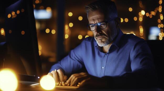 Focused Man Working Late at Night in Office with Warm Ambient Lights around Him photo