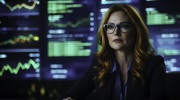 Professional Woman in Glasses Analyzing Data in High-Tech Office Environment photo