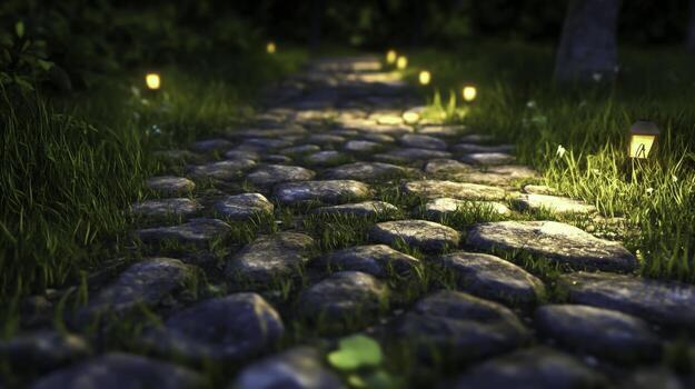 Tranquil Stone Pathway with Lanterns Surrounded by Lush Green Grass at Night photo