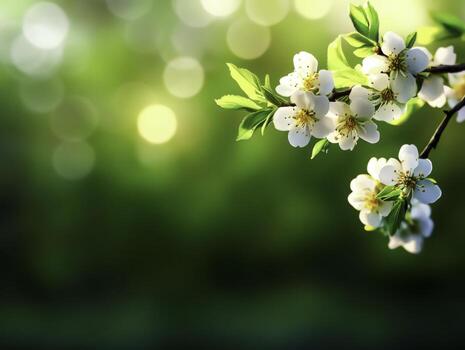 Delicate White Flowers in Springtime with Soft Green Background and Bokeh Effect photo