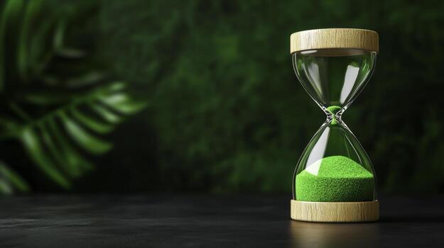 Green Hourglass with Sand on a Dark Surface Surrounded by Nature Background photo