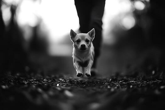ágil blanco perro corriendo en camino mediante naturaleza en negro y blanco fotografía foto