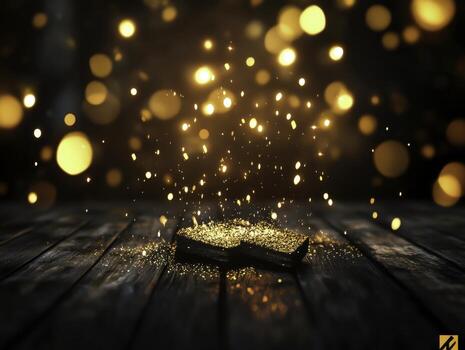 Glowing Sparks and Glittering Bokeh Over Stack of Books on Dark Wooden Surface photo