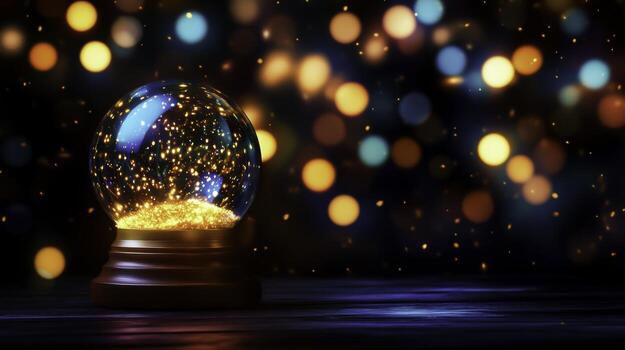 Magical Snow Globe with Sparkling Lights and Dreamy Background Bokeh Effect photo