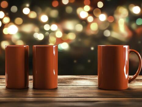 Red Mugs on Rustic Wood Table with Colorful Bokeh Background for Festive Atmosphere photo