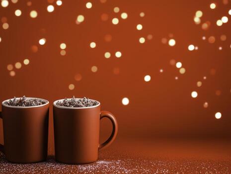 Cozy Red Mugs with Hot Beverage on a Festive Red Background with Bokeh Lights photo
