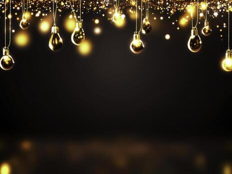 Magical Golden Hanging Lights with Bokeh Effect on Dark Background photo
