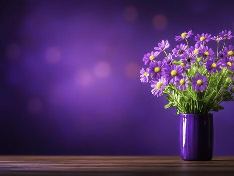 Vibrant Purple Flowers in Decorative Vase with Soft Bokeh Background photo