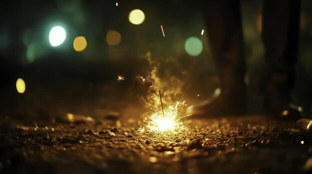 Sparkling Fireworks on Pavement with Bokeh Background and Dark Atmosphere photo