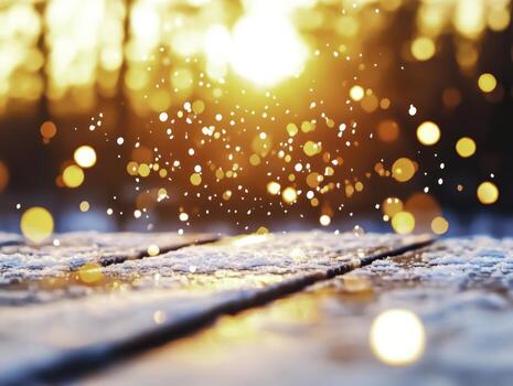 Sparkling Particles of Light Over Snowy Surface During Sunset in Nature's Peace photo