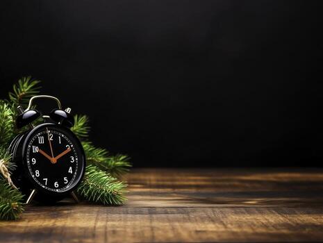 Classic Black Alarm Clock with Green Pine Branches on Dark Wooden Background photo