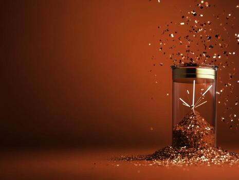 Sparkling Red Glitter Explosion in Glass Container on Vibrant Red Background photo