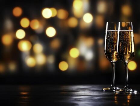 Glasses of Sparkling Wine with Blurry Lights in Background for Celebration Ideas photo