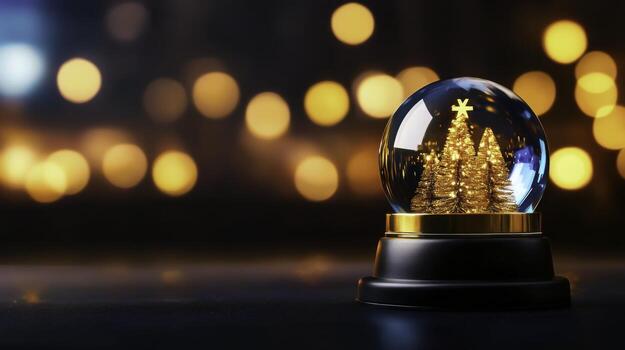 Enchanting Christmas Snow Globe with Glowing Trees and Sparkling Bokeh Background photo