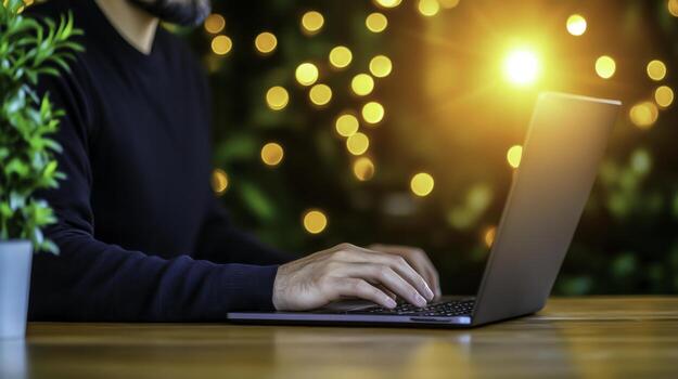 Person Typing on Laptop with Warm Light and Greenery Background in Cozy Space photo