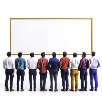 Diverse Group of Men Observing Blank Presentation Board in Studio Setting photo