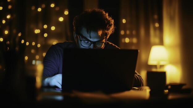 Man Working Late at Night with Laptop Surrounded by Warm Ambient Light and Bokeh photo
