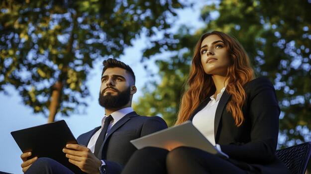 Business Professionals in a Park Setting Engaged in Thoughtful Discussion photo