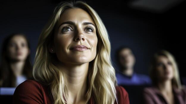 Thoughtful Woman Attending Lecture with Focus in Classroom Environment photo