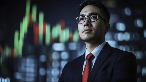 Confident Businessman Analyzing Stock Market Trends with Background Graphs and Data photo