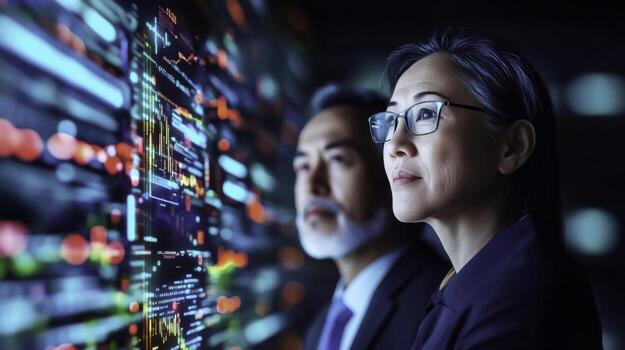 Business professionals analyzing data on digital screen in modern office environment photo