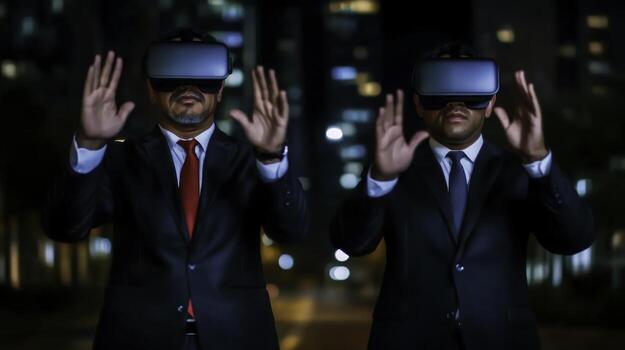 Men in Business Suits Experiencing Virtual Reality at Night in Urban Environment photo