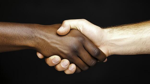 Diverse hands shaking together in unity and cooperation against a dark background photo